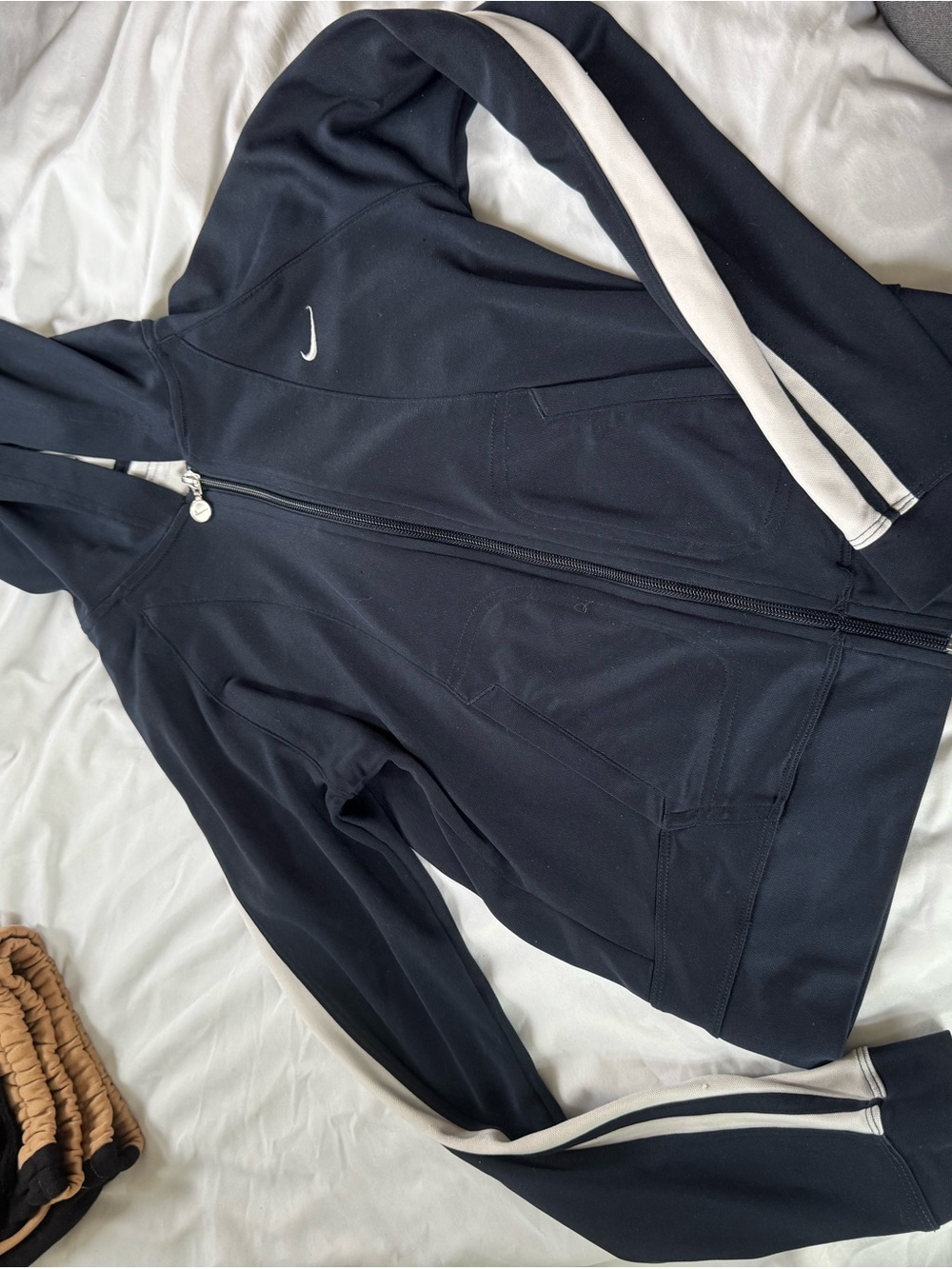 Nike Navy Zip-Up Hoodie with White Sleeve Stripes